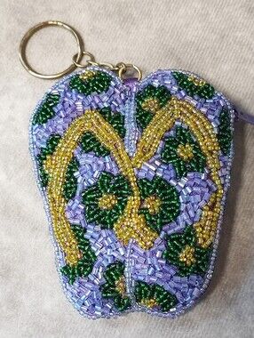 Flip Flop Sandals Seed Bead Coin Purse NWOT Purple Lavender Flowers